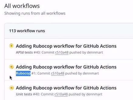 GitHub Actions showing Rubocop workflow run