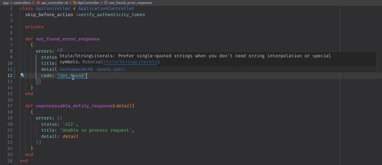 Ruby LSP extension highlighting Rubocop offense on VS Code