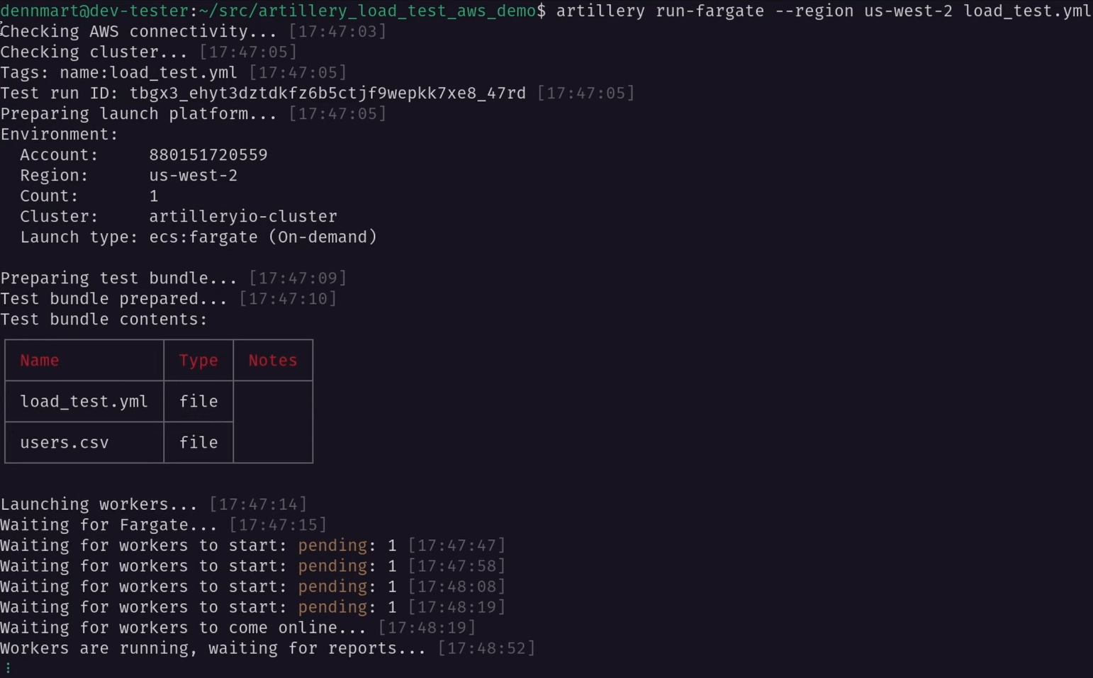 Artillery running a load test on AWS ECS Fargate