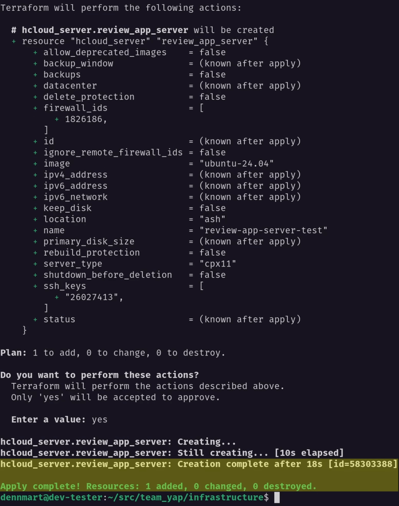 terraform apply command output