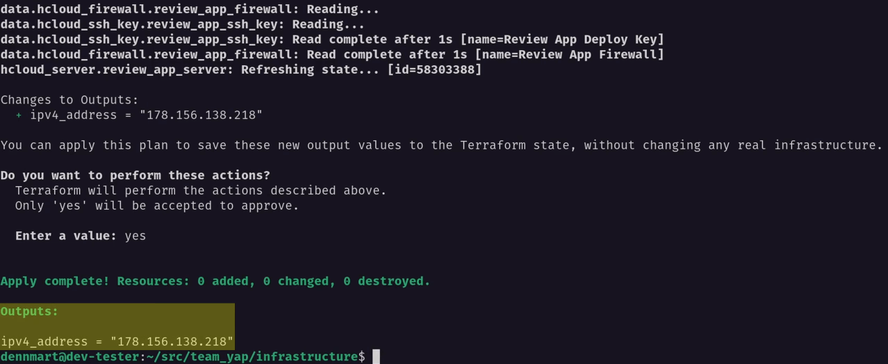 terraform apply command output showing IPv4 address