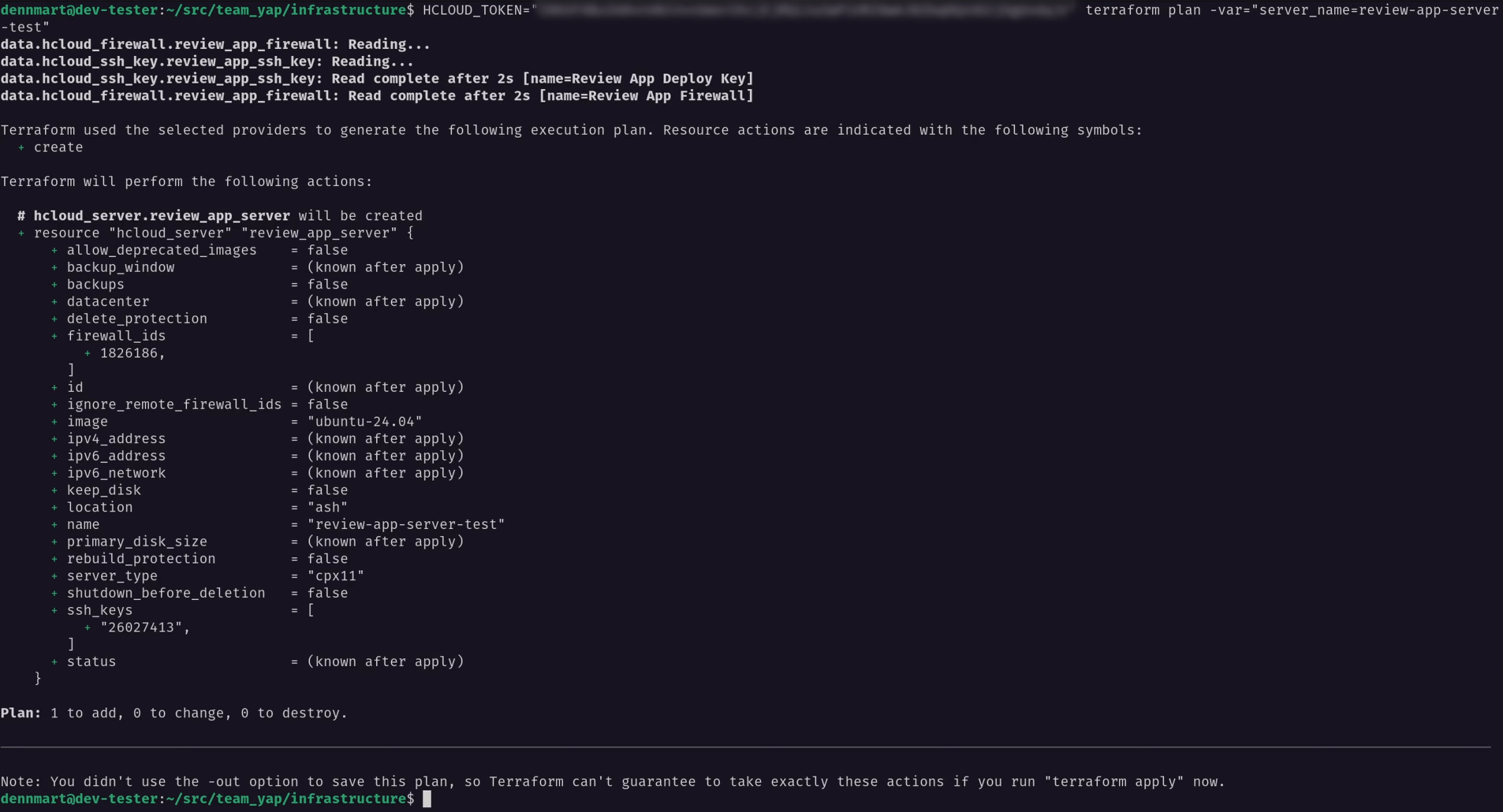 terraform plan command output