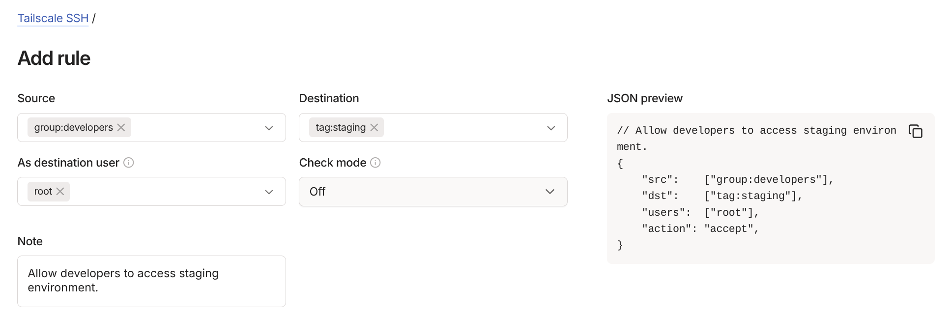 Tailscale SSH Access Rule Example